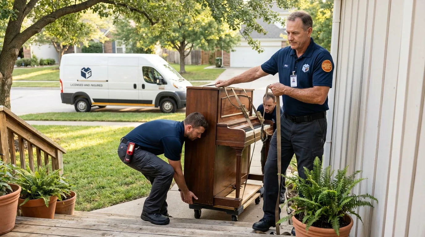 Licensed piano movers securing grand piano in Russiaville, IN