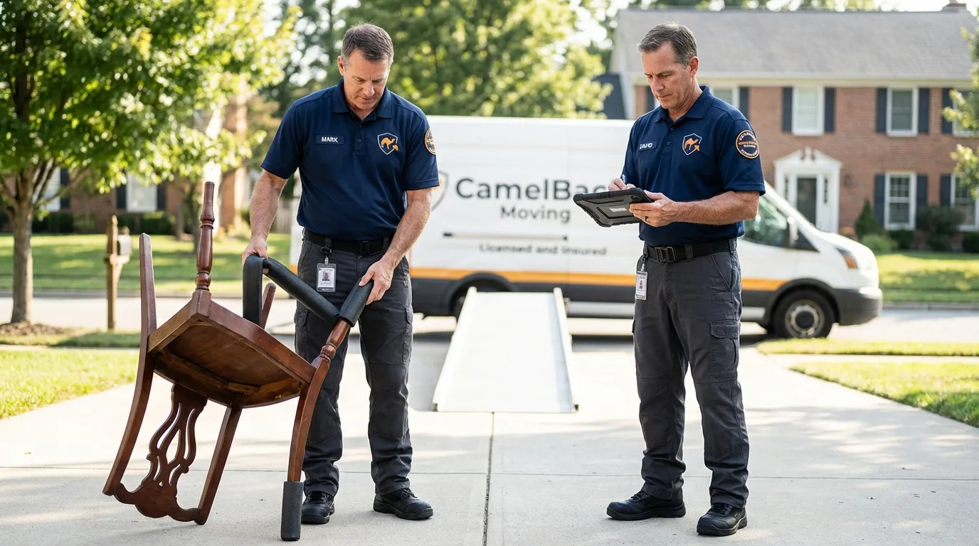 Movers inspecting furniture for damage prevention before loading in Russiaville, IN