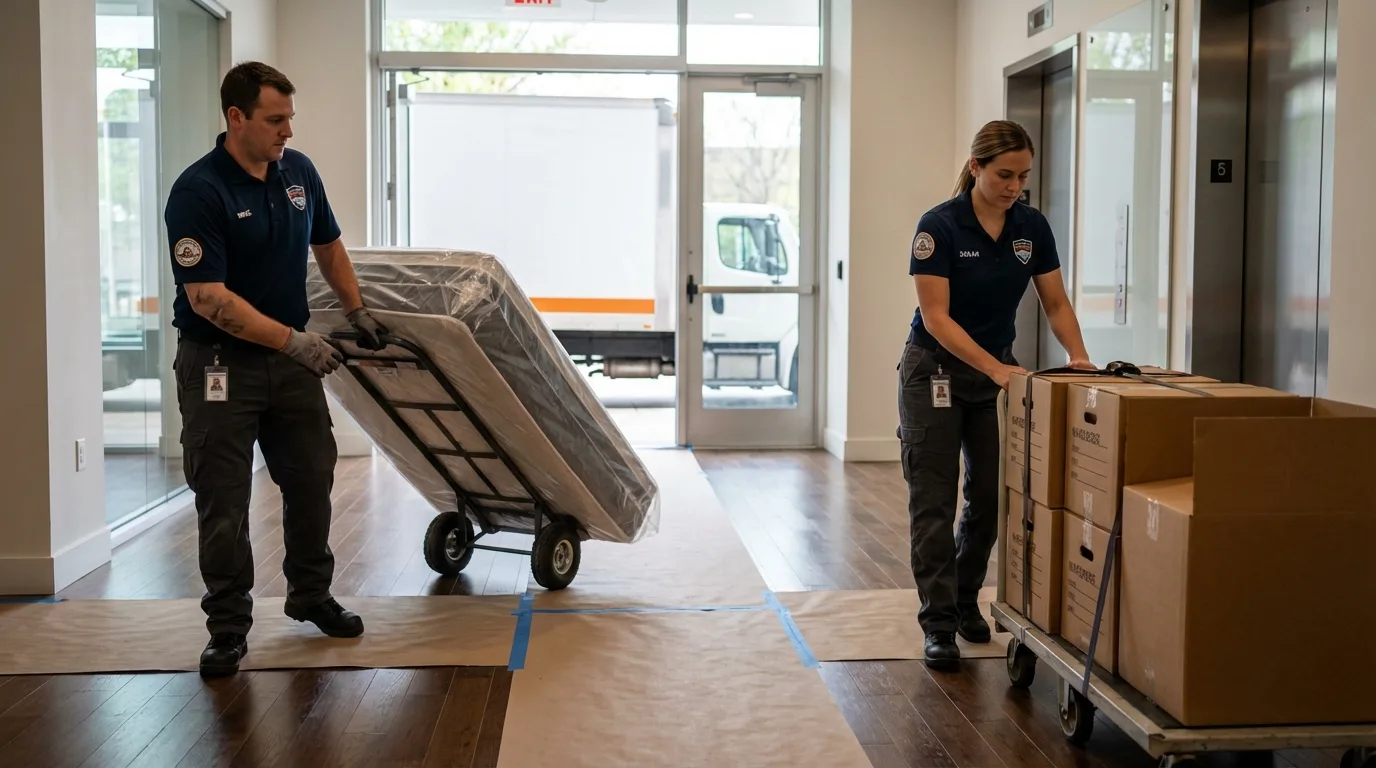 Professional apartment movers loading elevator in Russiaville, IN