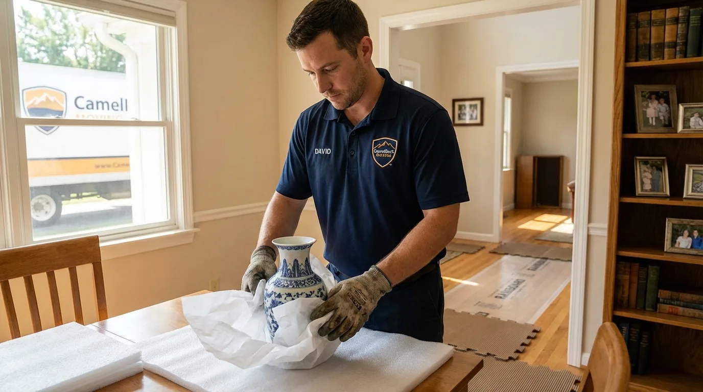 Professional crew carefully wrapping antique vase for senior downsizing move in Russiaville, IN